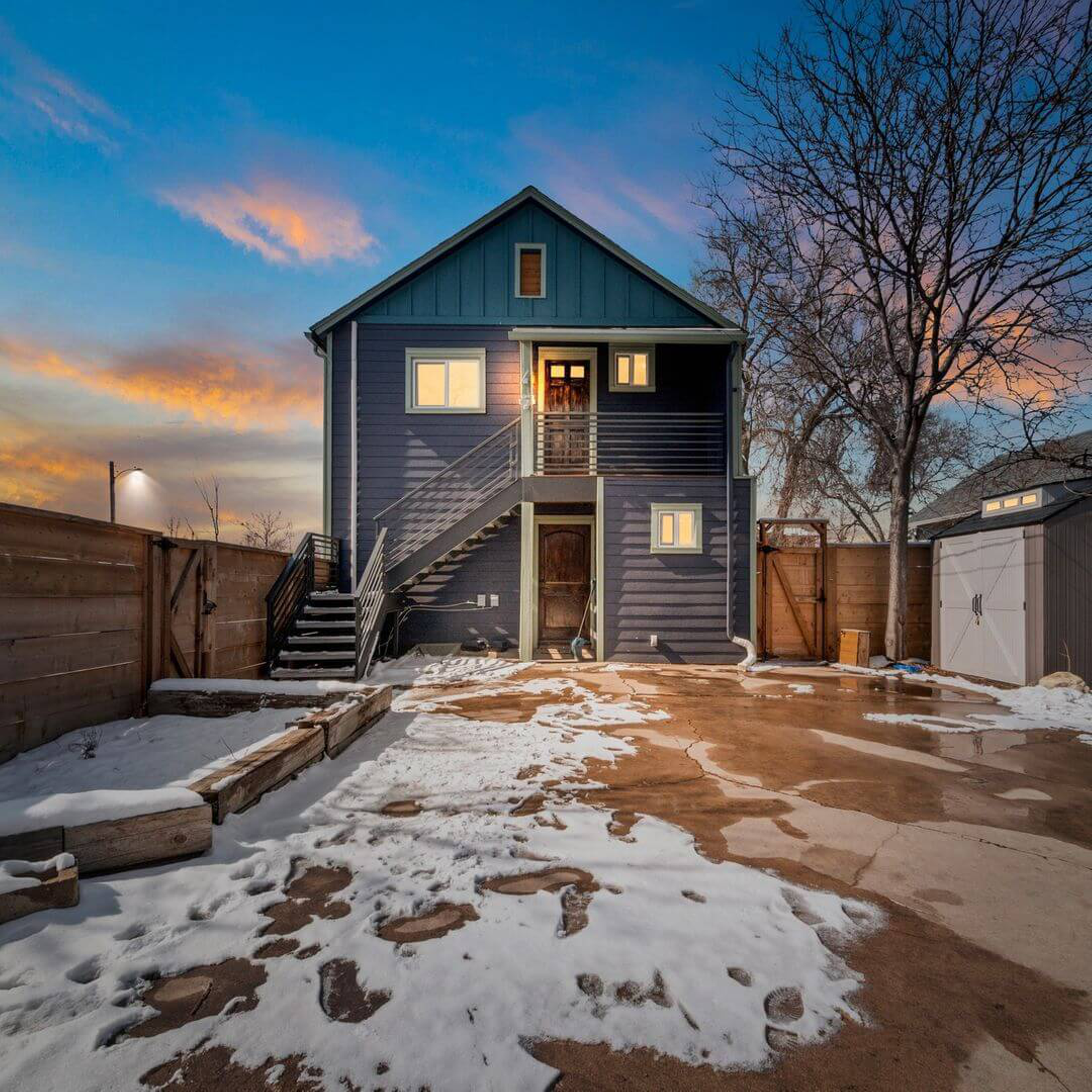 Beautiful blue house in the winter.